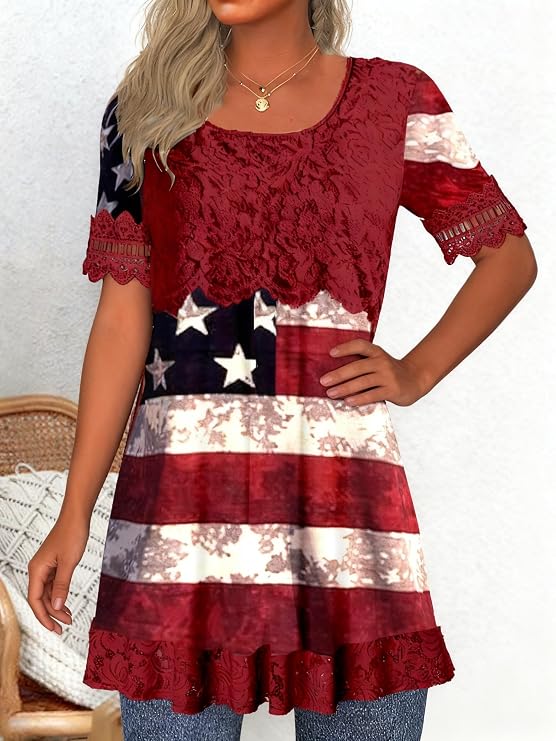 Mathea Plus Size Women's Short Sleeve Crew Neck Graphic Star Printed Lace T Shirts Casual Independence Day Pockets Tops Red