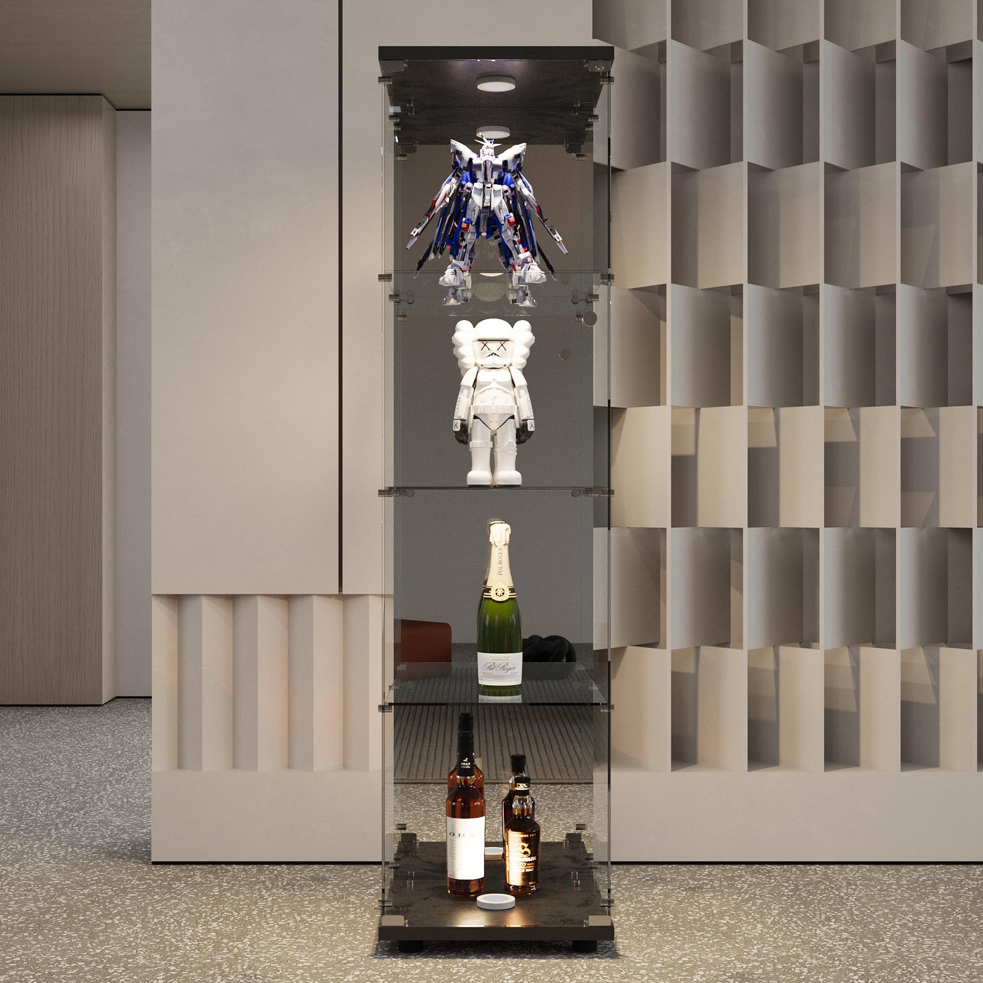 Vitrine en verre 4 couches BSGMSGN avec lumières LED et miroir 1 porte et serrure, étagère indép. (noir)