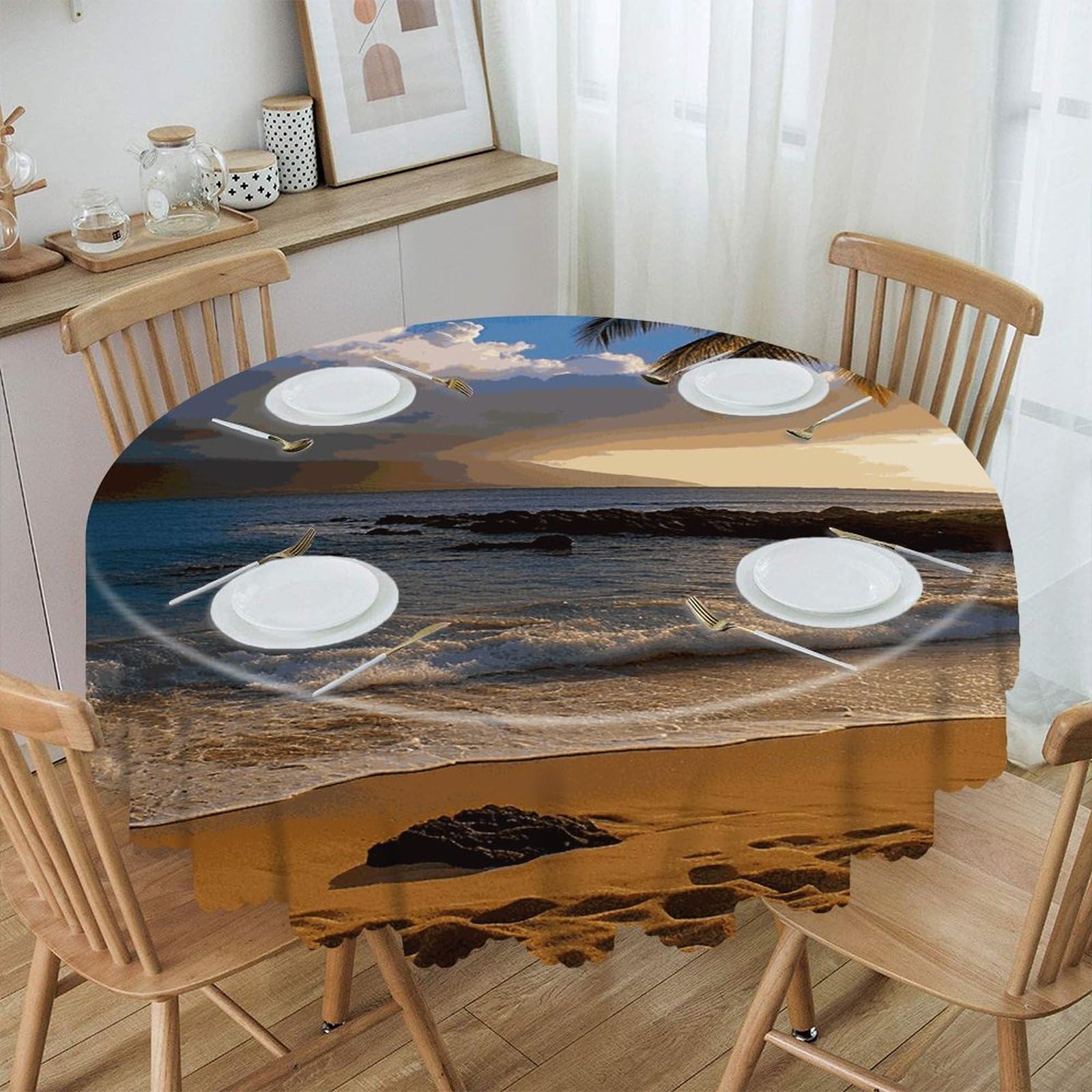 Btcowzrv Style Hawaii Beach Polyester Round Tablecloth 59.84 Inch, Decorative Washable Table Cover, Table Cloth For Restaurant Picnic Indoor And Outdoor Dining