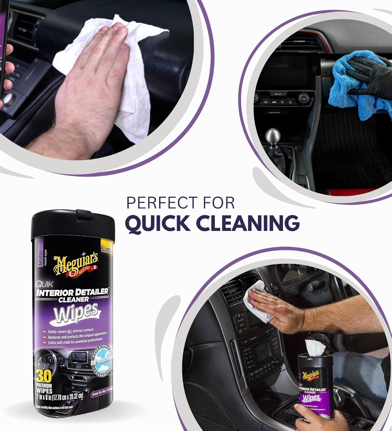 Quik Interior Detailer Wipes 30 ct Bundle with Microfiber Cloth - Car Interior Cleaner for Dashboards, Seats, and More - Multi-Surface Cleaner Car Wipes for a Detailed Look - (4 Items)