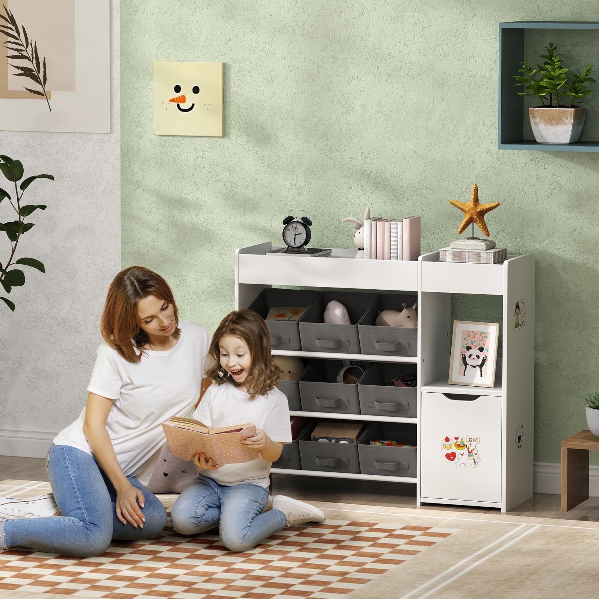 AIYAPLAY Meuble Rangement Enfant étagère de Rangement pour Jouets Enfants avec 9 tiroirs en Tissu et Placard pour Chambre d'enfant, Salle de Jeux, garderie, Blanc