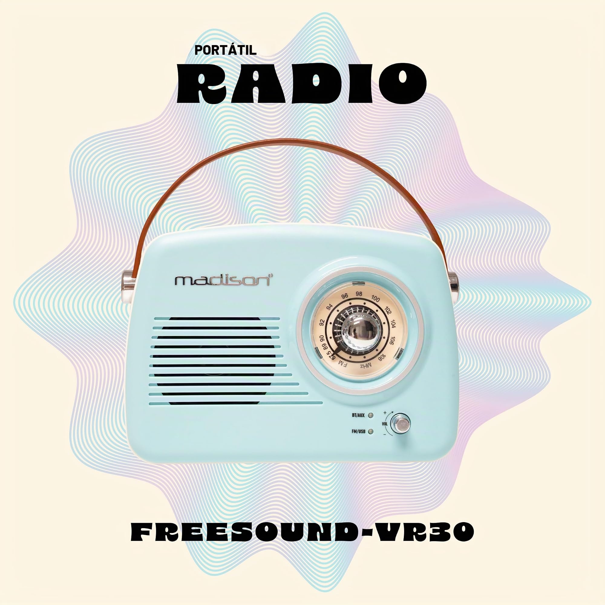 Madison FREESOUND-VR30 Radio FM Bluetooth vintage de 30 W – Batería recargable USB-C – Entradas USB y AUX – Subwoofer – Gran autonomía – Diseño retro portátil