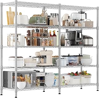 Himimi 5-stöckiges Metallregal zur Aufbewahrung, verstellbares Drahtregal, Schwerlastregal mit Nivellierfüßen, Lagerregal für Schlafzimmer, Wohnzimmer, Küche, Garage, 180 x 45 x 183 cm, Silber