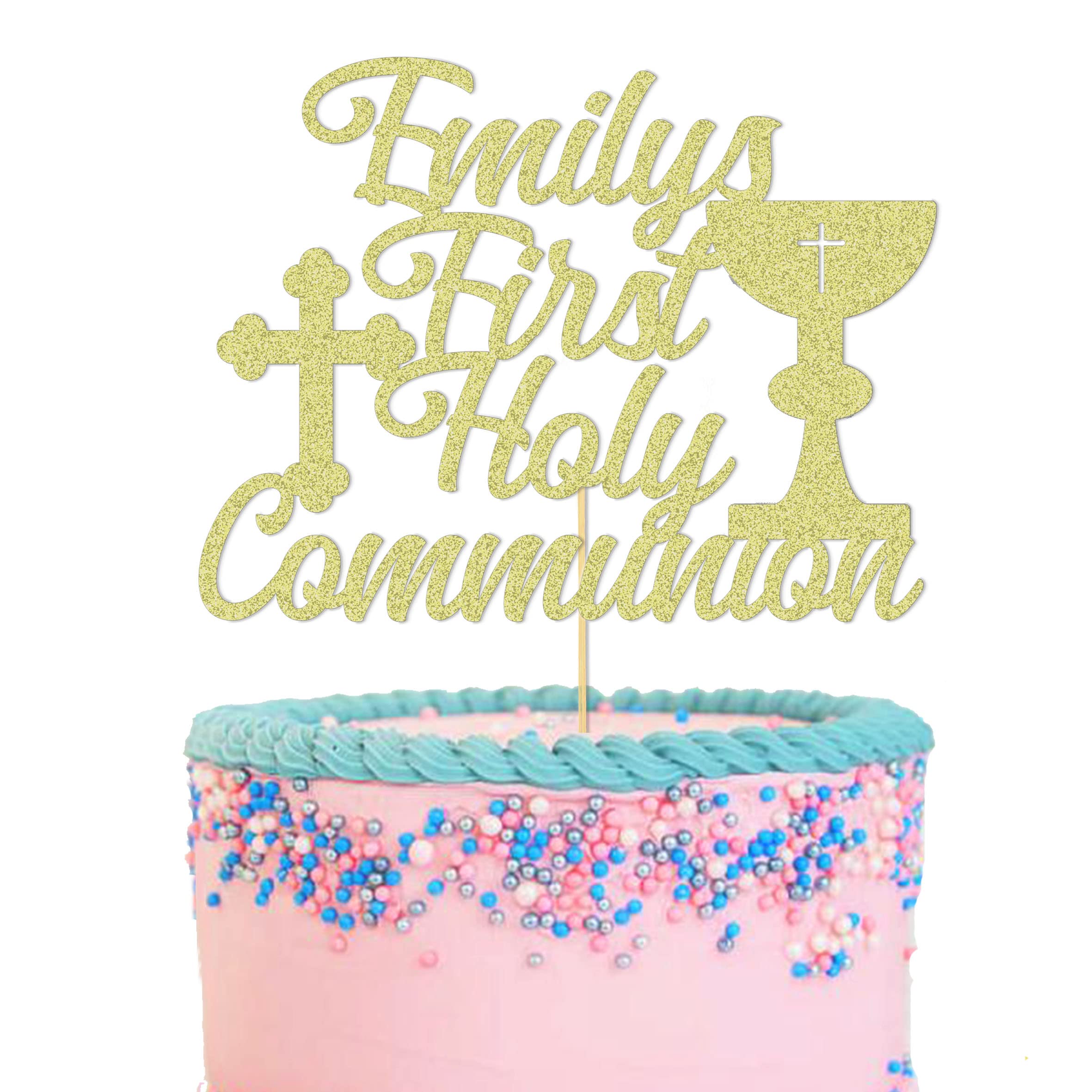 GuteGifts Personalised First Holy Communion Cake Topper - Grail Cross Christening Baptism Confirmation 1st Communion Party Decor Multicolour Glitter Hand Finished in UK (Gold)