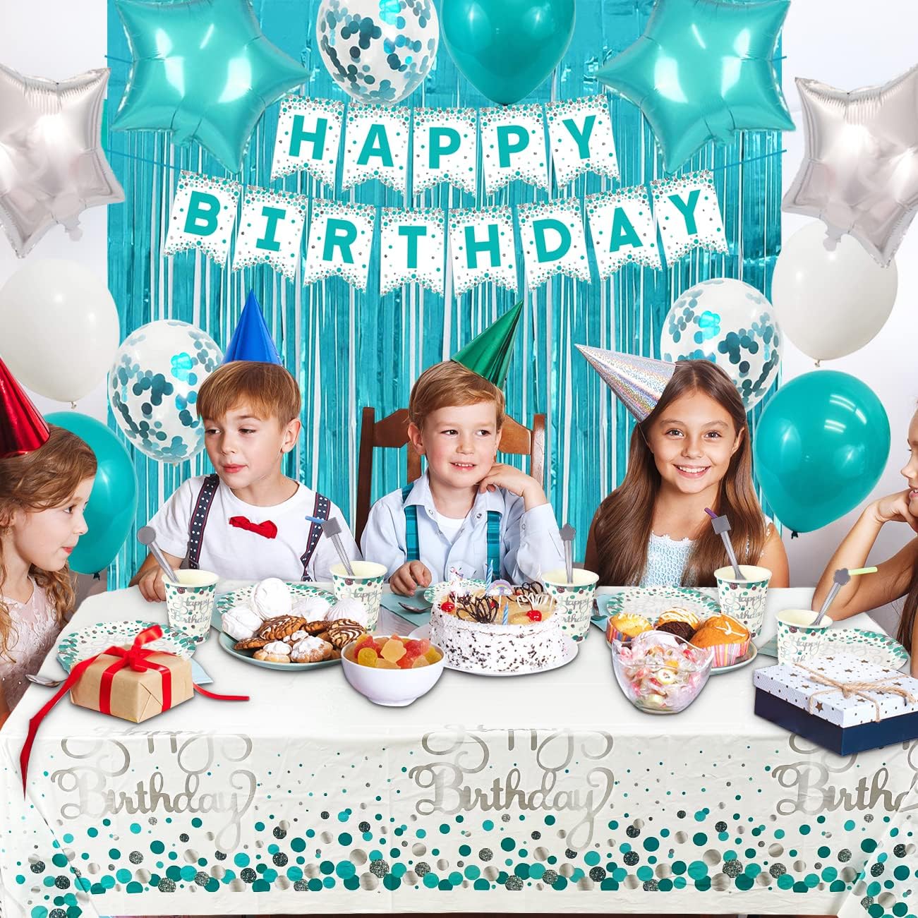ssailue decor Teal Blue Birthday Party Supplies for 20 Guests: Plates, Cups, Napkins, Balloons, Banner, Sash, Cake Topper, Curtains