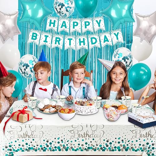 Miniatura 5 de Decoraciones de feliz cumpleaños, platos y servilletas de color verde azulado, suministros de fiesta para 20 invitados, globos turquesa, pancarta de