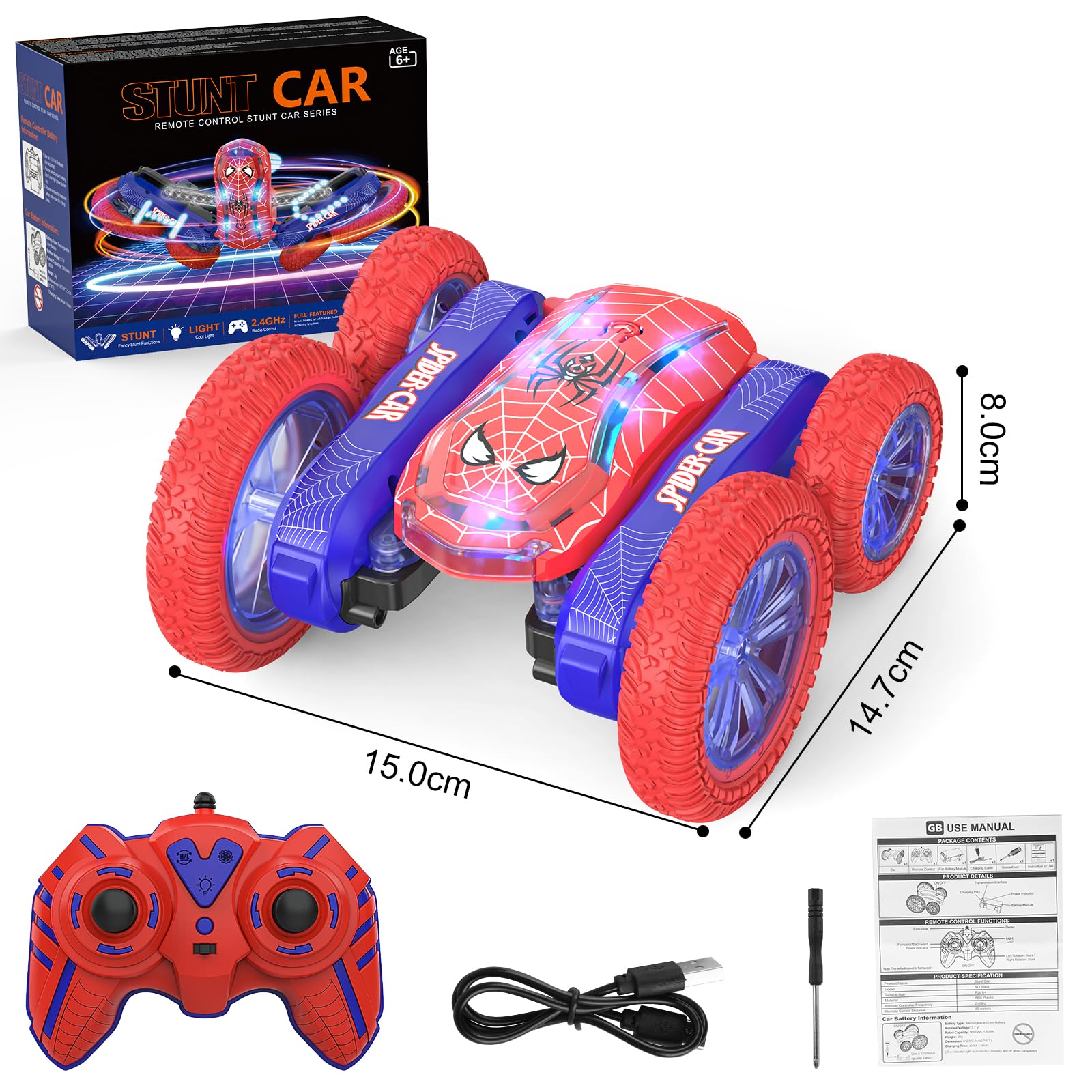 Coche Teledirigido Niños 4 5 6 7 8 9 10 Años, Spider Juguete Monster Truck RC Carro Radiocontrol Acrobático con Espectáculo de Luz, Remote Car Regalo Niña Cumpleaños Navidad Juego Infantiles Exterior