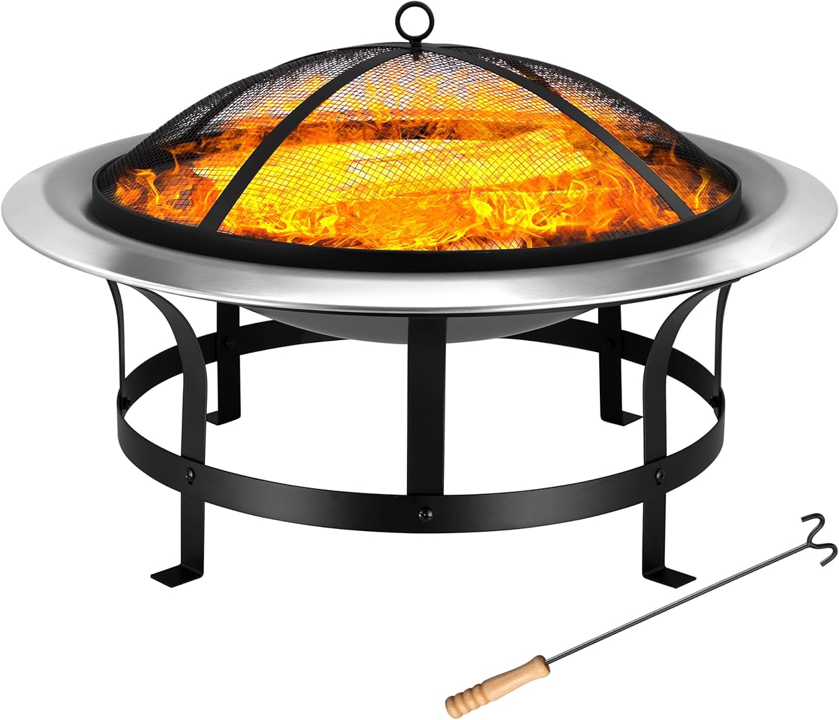 Gardebruk® Feuersschale für den Garten 75cm mit Funkenschutz Schürhaken Feuerkorb Edelstahl Kamin Terrassenofen Außen Feuerstelle Grill Terrasse Ofen