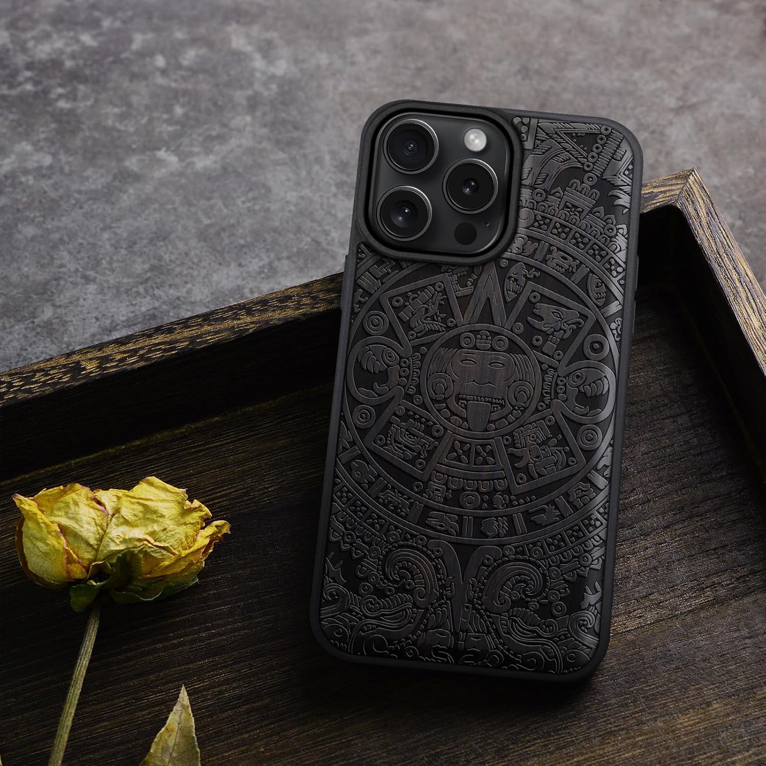 Carveit Magnetic Wooden Case for iPhone 16 Pro Case, Wood Artisan Engraved & Black Soft TPU Shockproof Cover, Compatible with MagSafe Wireless Chargers (The Maya Calendar) Blackwood