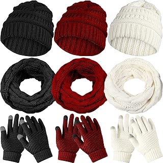 JaGely 9 Pcs Women Winter Hats Gloves Scarf Set Warm Knit Beanie Hat Touchscreen Gloves and Scarf Warm Knit Set Gifts for Men Women (Black, White, Claret), One Size