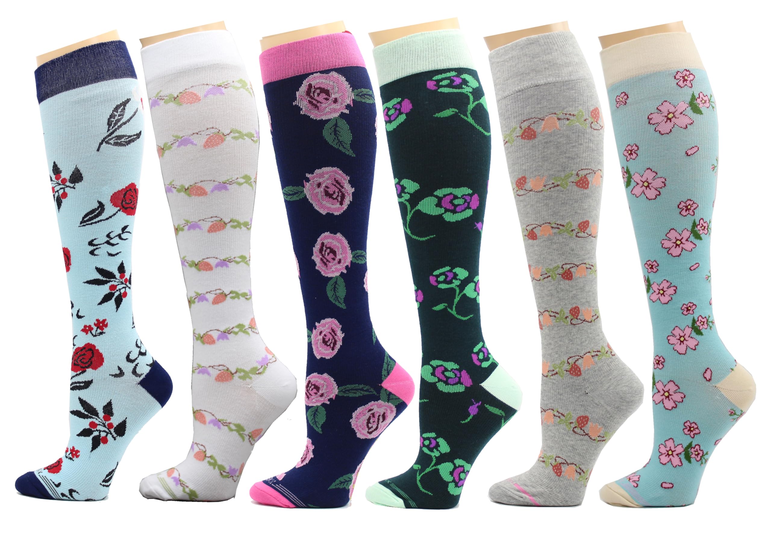 REXX 6 Pairs Women's Knee-high Graduated Support Anti-Fatigue 8-15mmHg Combed Cotton Compression Socks