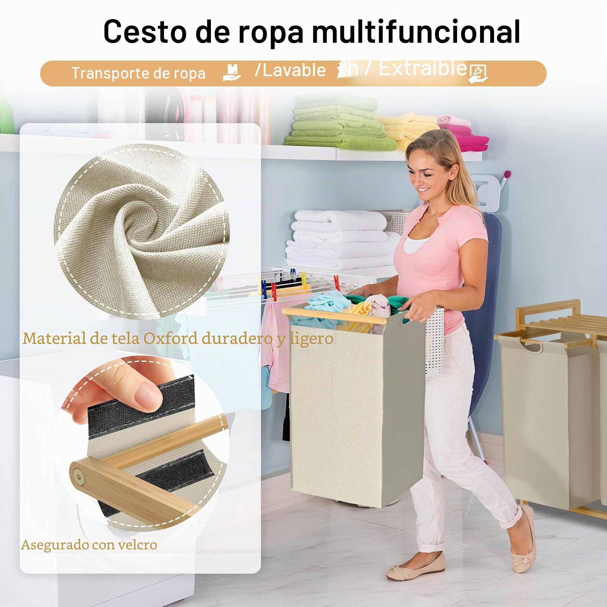 UISEBRT - Cesta de lavandería (bambú con 2 compartimentos, 72 l, tejido Oxford, sistema de clasificación de ropa extraíble y lavable, 73 x 64 x 33,5 cm), color beige