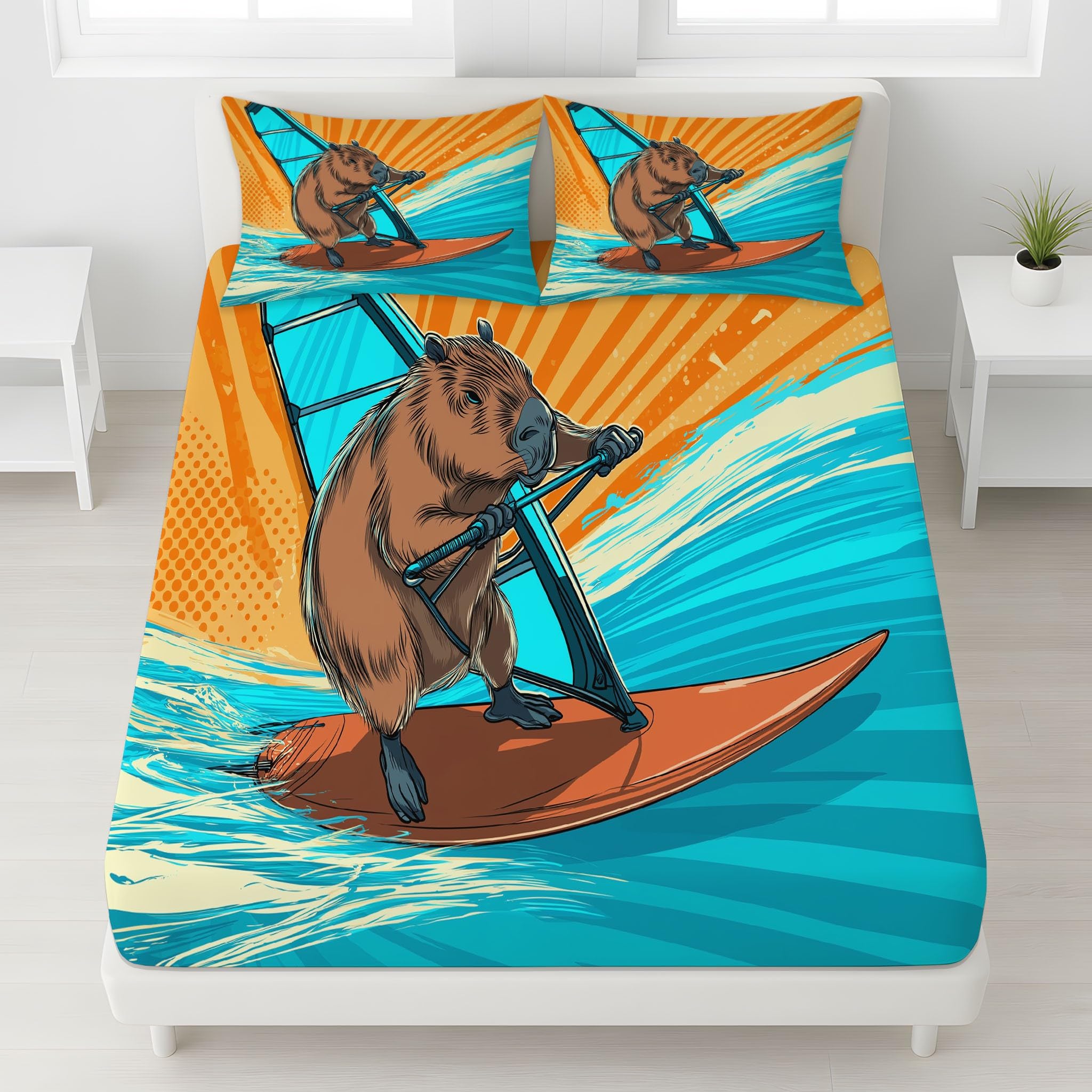 152 x 200 x 30 cm, miękkie, niebieskie, prześcieradło z gumką, kapibara, windsurfing, morze, głęboka kieszeń, komiks, prześcieradło z gumką, sportowy ocean żywy dla dzieci i dorosłych