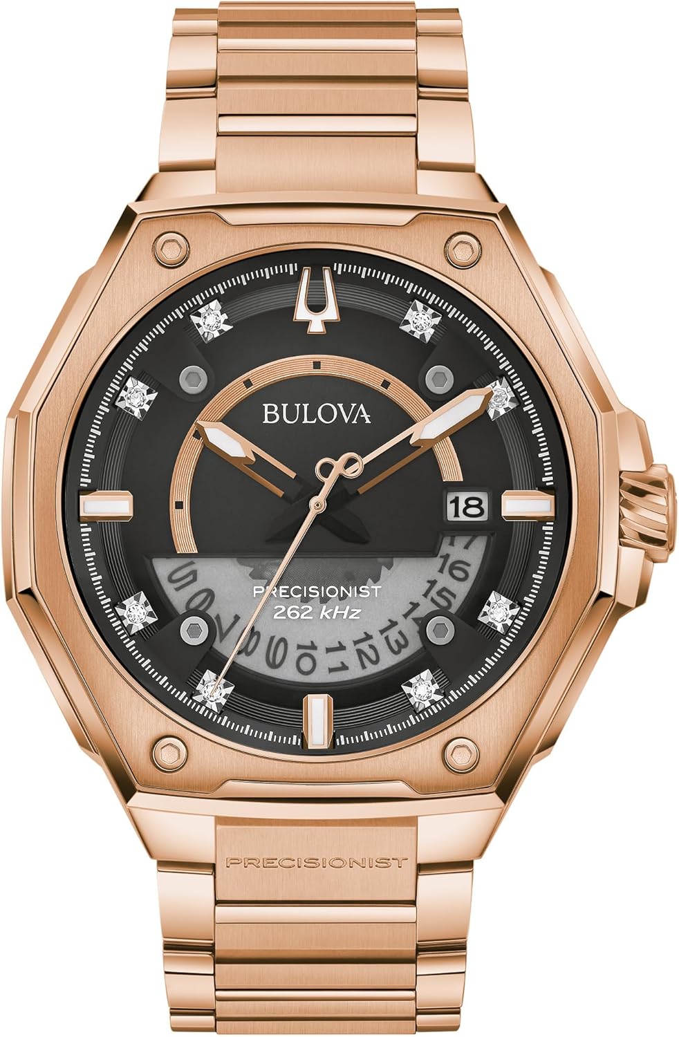 Front view of the Bulova Series X Precisionist watch, rose gold-tone, black dial with diamonds, and calendar window.