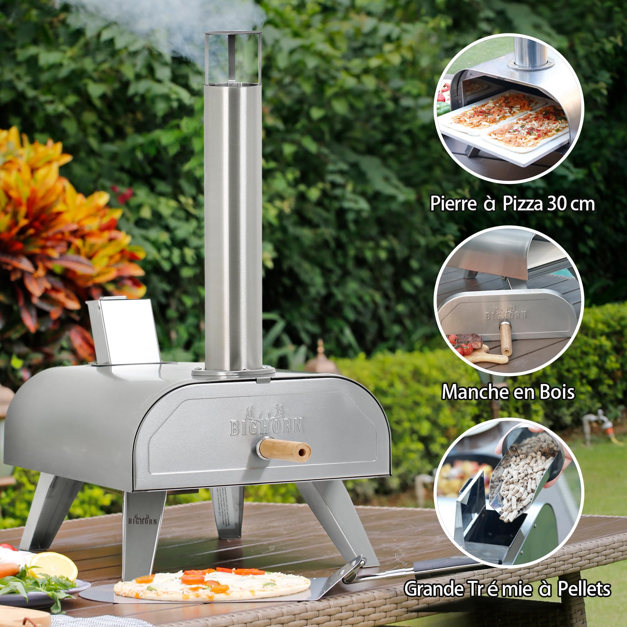 BIG HORN OUTDOORS Four à pizza à granulés de bois 30,5 cm - Acier inoxydable - Portable - Argenté