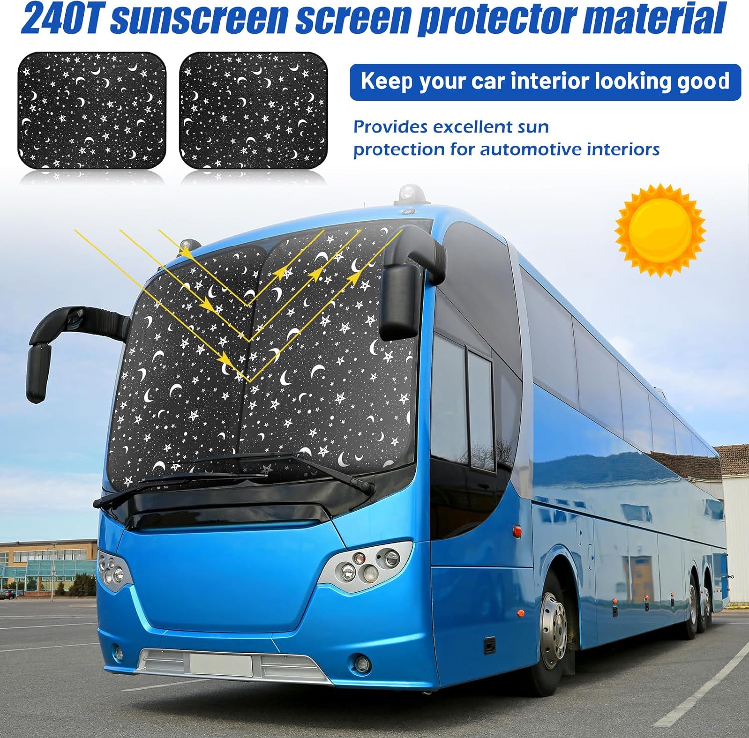 Moukeren 2 Pcs RV Windshield Sun Shade Foldable RV Window Covers for Car Accessories Reflective Windshield Cover UV Sun Heat Protector for RVs, Trucks, Motorhomes, Large Bus (Star Moon,41.5 x 50 Inch)