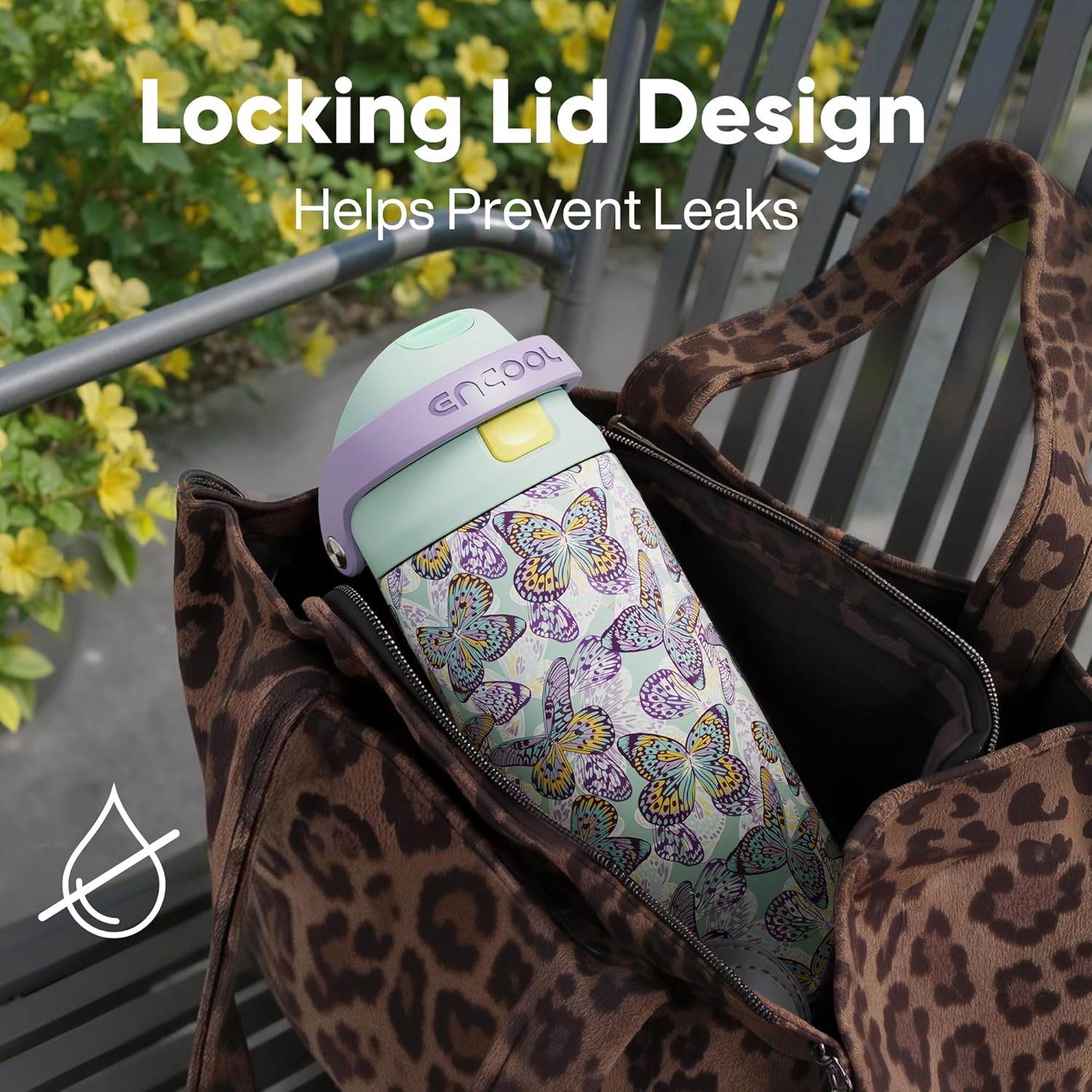 ENCOOL Leakproof Insulated Water Bottle with Straw Dual-Sip Water Bottle Bag-Safe Design for Work, Commute & Gym – Keeps Drinks Cold All Day, 32 oz, Mosaic Butterfly - Image 4