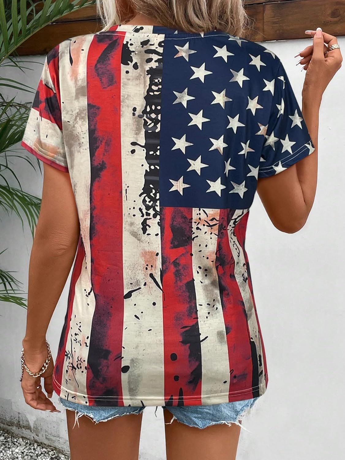 4th of July Shirts Women V Neck Patriotic T Shirt All Over American Flag Print USA Stars and Stripes Tees - Image 2