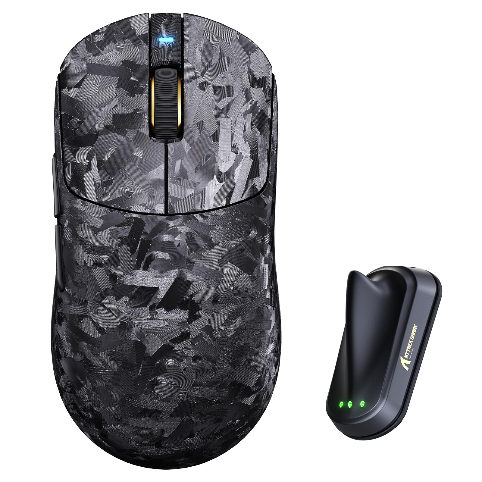 ATTACK SHARK RS3 ULTRA Mouse Gaming Senza Fili, Sensore PAW3955MAX, Chip Nordic 54L15, Fibra di Carbonio, 8K Hz Polling, 52K DPI, Ultra Leggero 63g, BT/2.4G/Cablato, per Pro Gamer, Nero