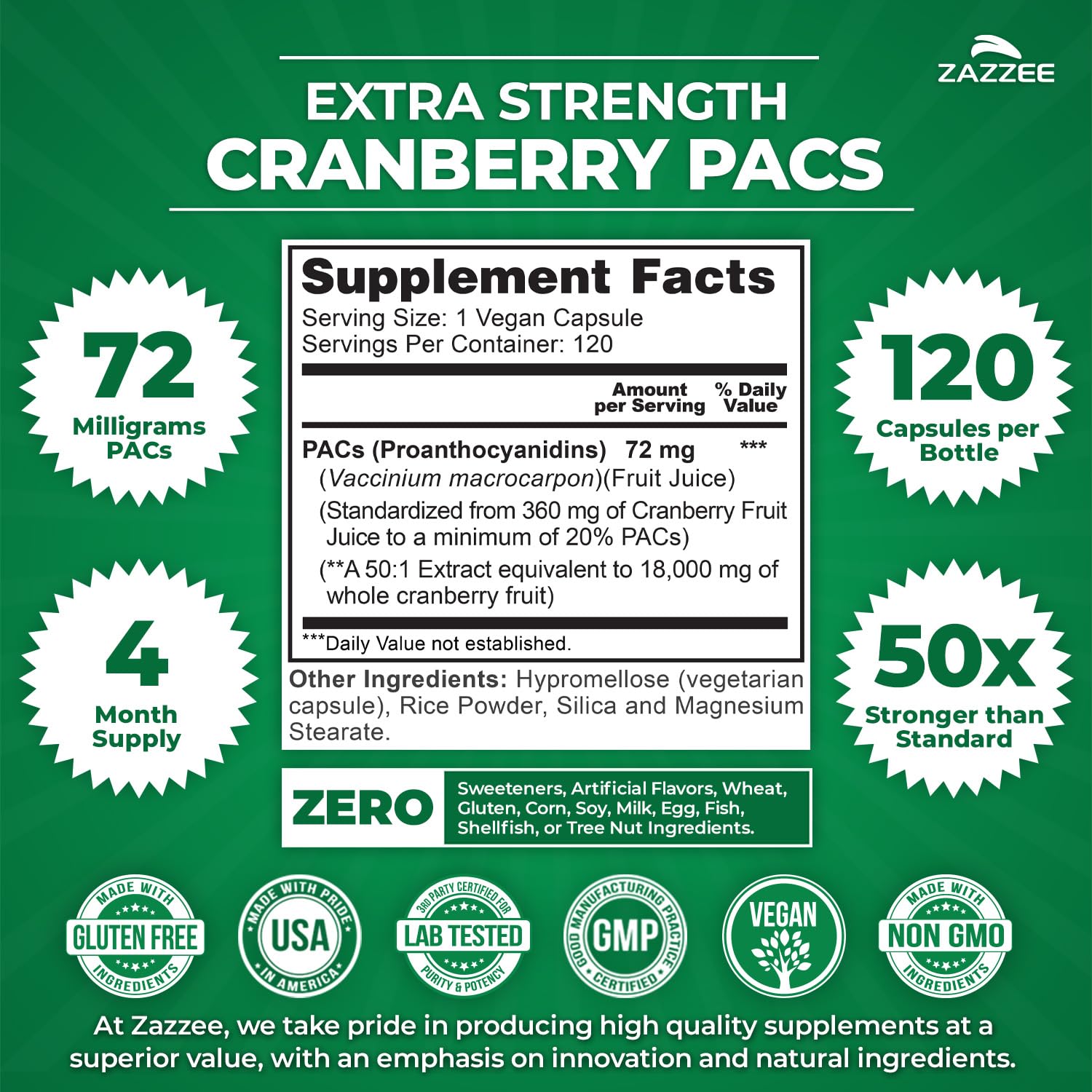 Zazzee Cranberry PACs 72 mg per Capsule, 50:1 Extract, 120 Vegan Capsules — Amazon image 2
