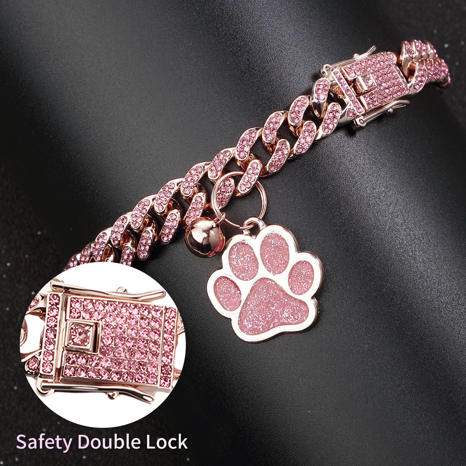 Hillban Katzenhalsband, Diamantkette, Glitzer-Halsband, Metall mit sicherer Schnalle, Katzen-Haustier-Halskette mit Pfoten-Anhänger und ID-Tag, Glöckchenglied, kubanisches Schmuckzubehör, Geschenk