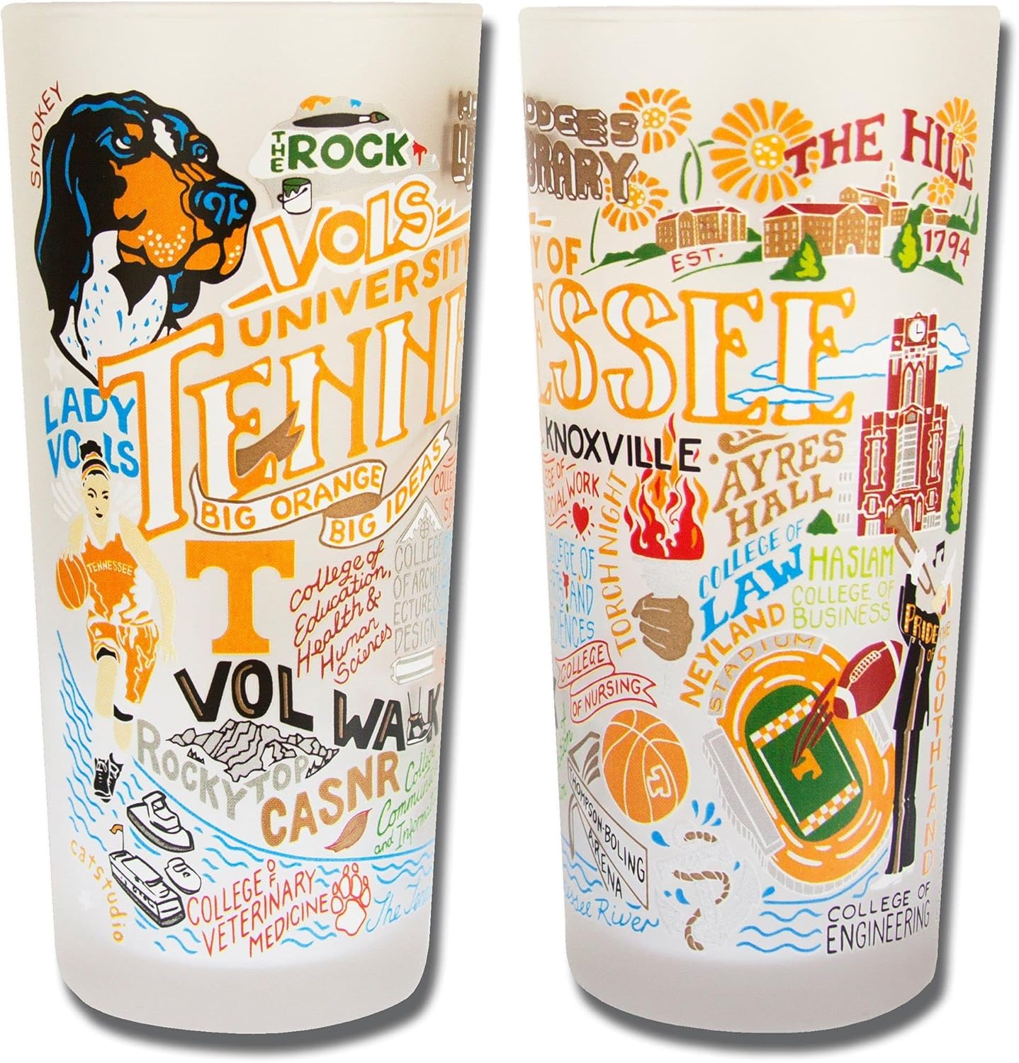 Catstudio Drinking Glass, University of Tennessee Glass Cup for Kitchen, 15oz Dishwasher Safe Tumbler for UT Alumni