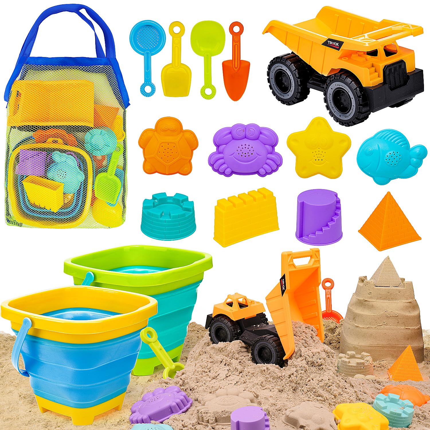 Beach Sand Toys for Toddler 1-3 with Trucks, 2 Collapsible Beach Toys for Kids Ages 4-8, Sandbox Toys for Toddler, Collapsible Beach Sand Buckets with Castle Sand Molds Shovels
