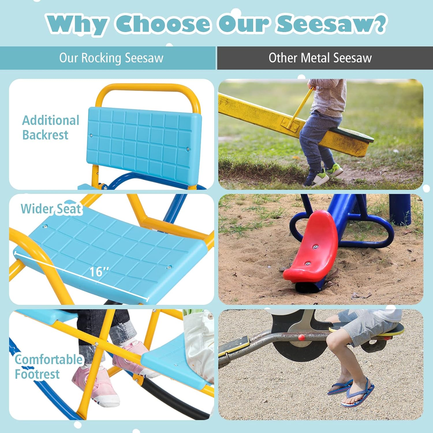 KOTEK Teeter Totter, 3-Person Metal Rocking Seesaw with Back & Easy-Grip Handles, Playground Equipment for Backyard Daycare, Indoor Outdoor Rocker Toy See Saw for Kids Toddlers (Light Blue)