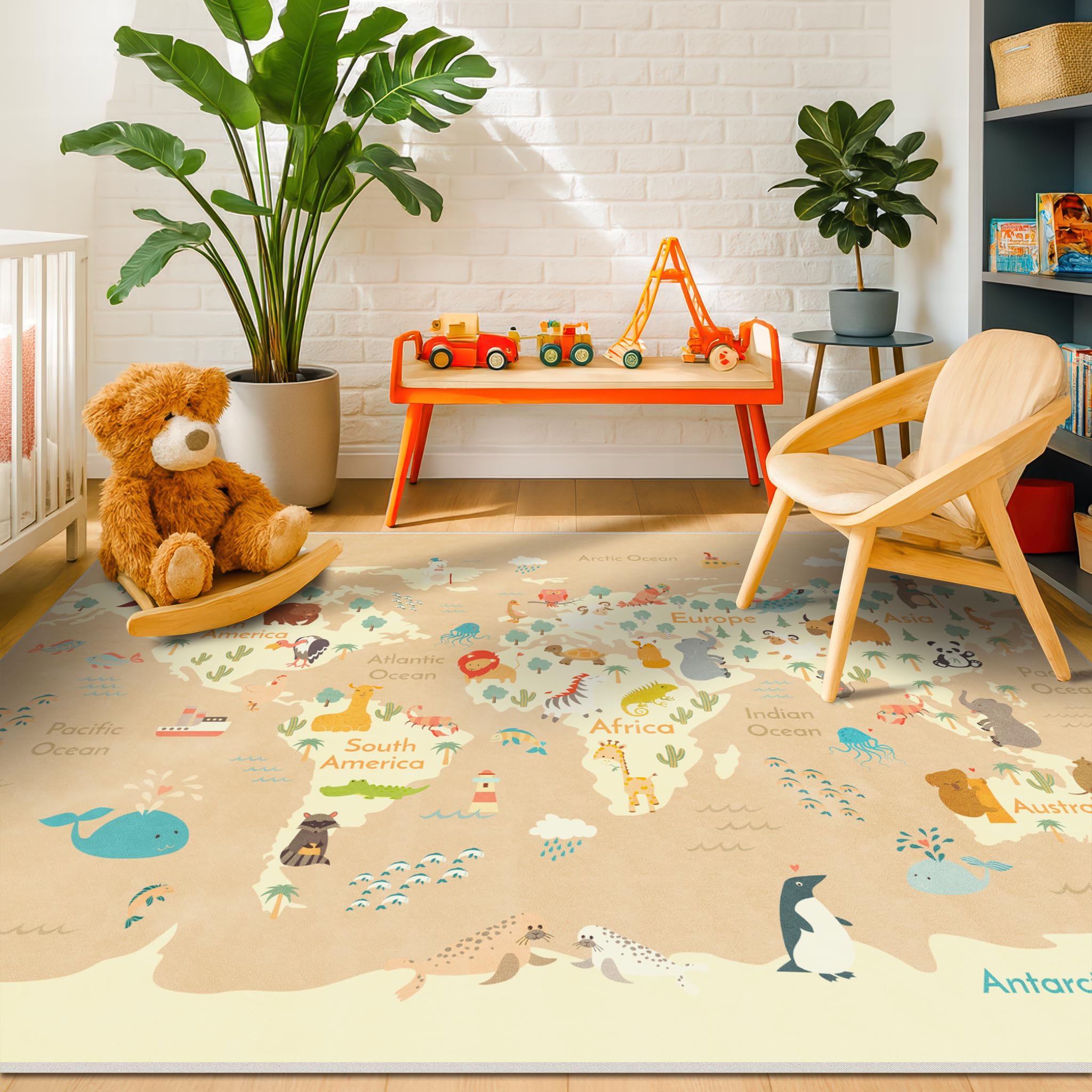 Hazo Haus Washable Kids Playroom Rug with Animal – 5x8 Educational World Map Area Rug with Kids Room – Non-Slip, Stain Resistant, Soft &amp; Safe, Nursery, Classroom or Bedroom - Beige