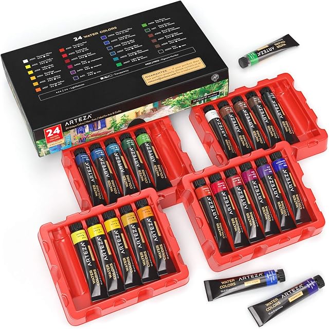 ARTEZA Premium Watercolour Paints, 12-ml Tubes, Set of 24 Vibrant Colours, Art Supplies for Artists, Students, and Beginners