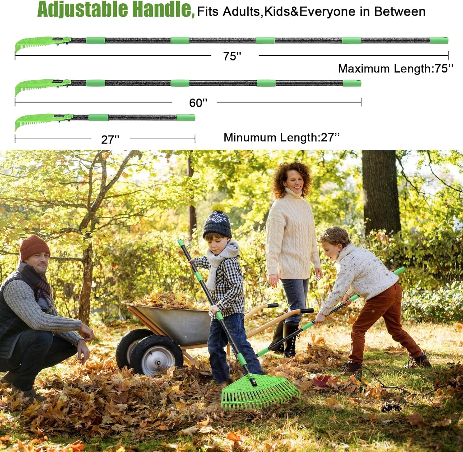 Râteau,145cm Râteau à Feuilles avec Poignée Réglable et 23 Dents Renforcées, Râteau de Jardin avec Grande Surface 42cm en Plastique pour Nettoyer Plantes, Pelouse et Cour
