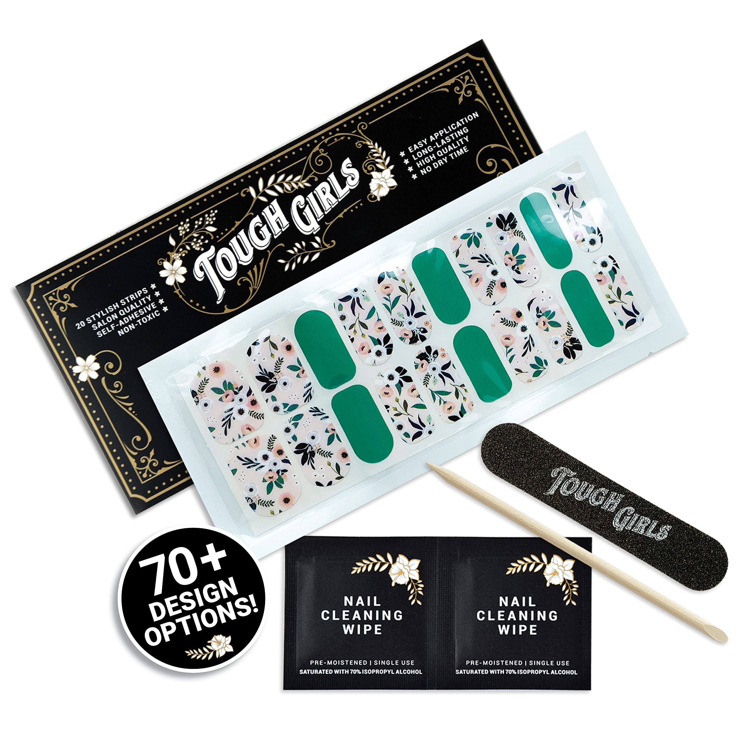 TOUGH GIRLS | 20 Exquisite Gel Nail Polish Strips w/Application Accessories - No UV/LED Lamp Required (Green & Botanicals)
