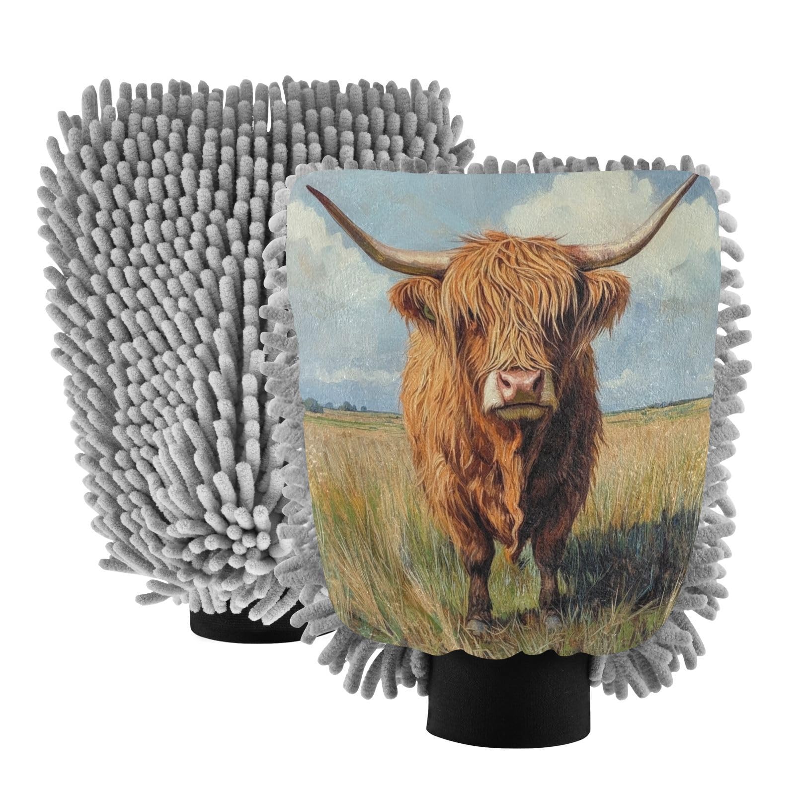 Flradish 2 Pack Highland Cow Car Wash Mitt Chenille Microfiber Lint-Free Scratch Free Ultra-Soft Absorbent Car Wash Mitt 10.2x7.09 Inch
