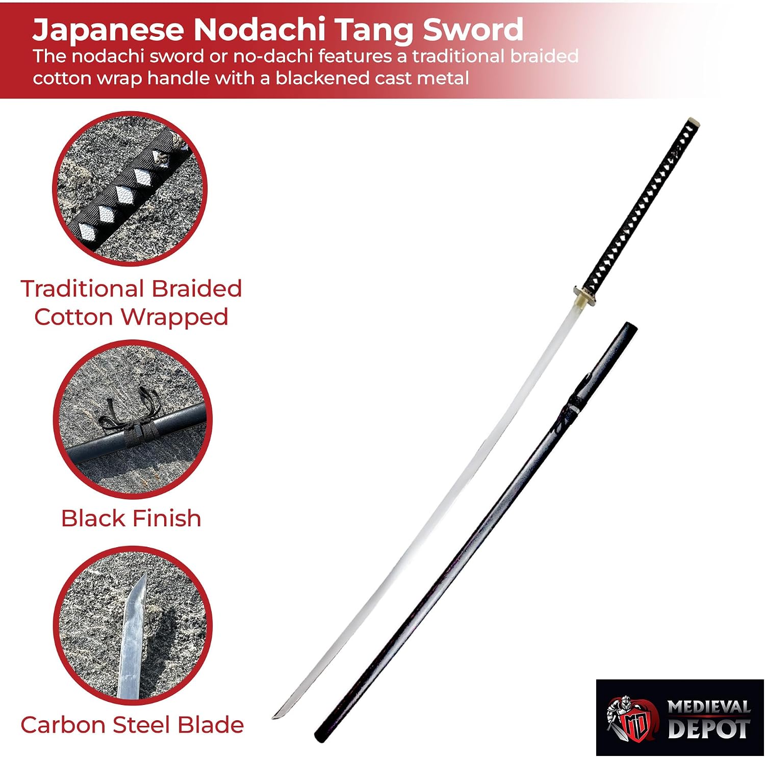 MedievalDepot Japanese Nodachi Carbon Steel Giant 78 Inch Full Tang Sword – 57" Full-Length Blade with Wooden Scabbard & Cotton-Wrapped Handle