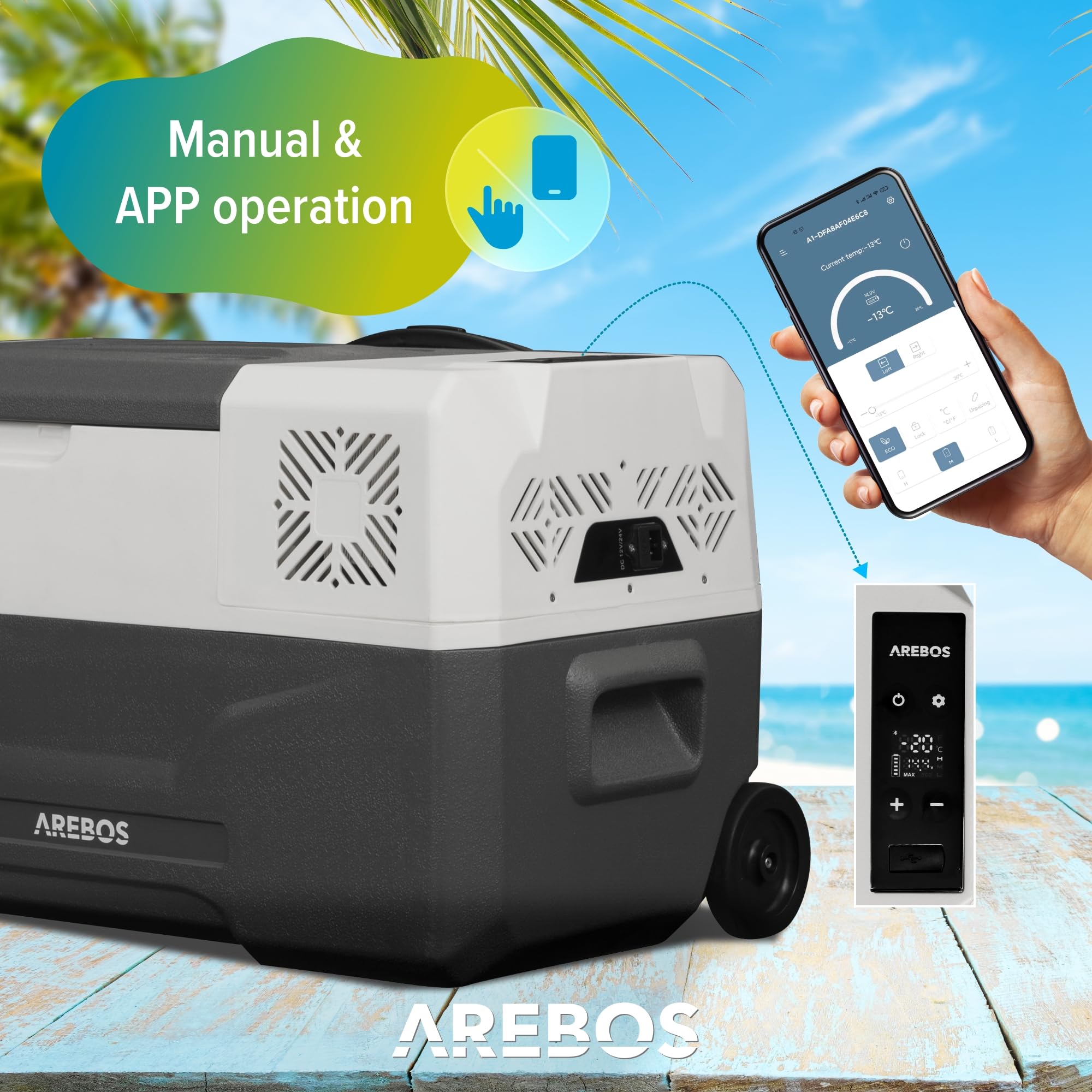 Arebos Compressore frigorifero con ruote, 27 litri, congelatore elettrico con app e controllo intelligente, porta USB fino a -20 °C, 12/24 V, 230 V, per auto, camion