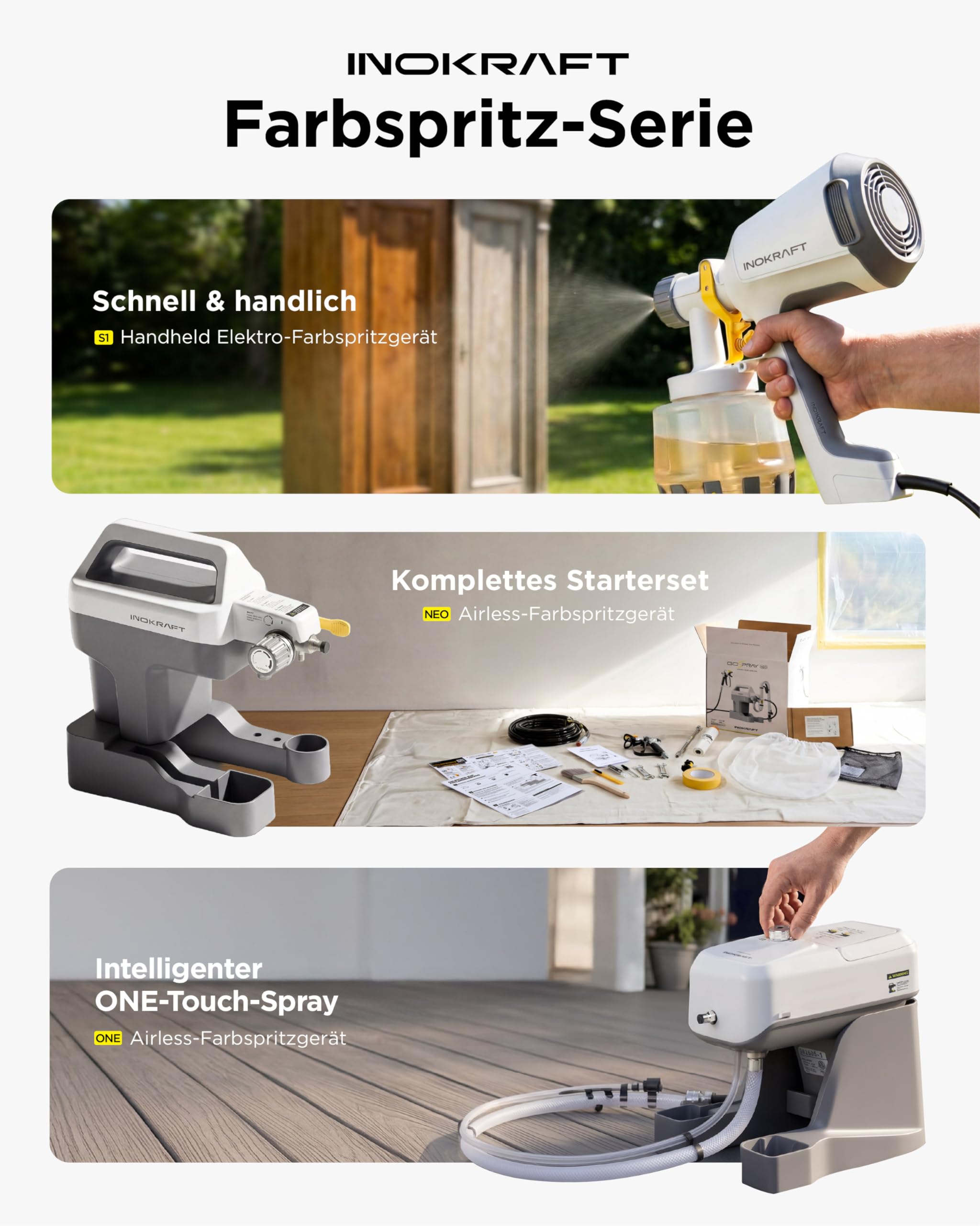 InoKraft NEO Airless Farbsprühgerät, 460W, bis 7 m²/min, 7,6 m Schlauch | Airless Spritzgerät Komplettset für Anfänger, Farbsprühsystem für Wandfarbe, inkl. Zubehör & Anleitung