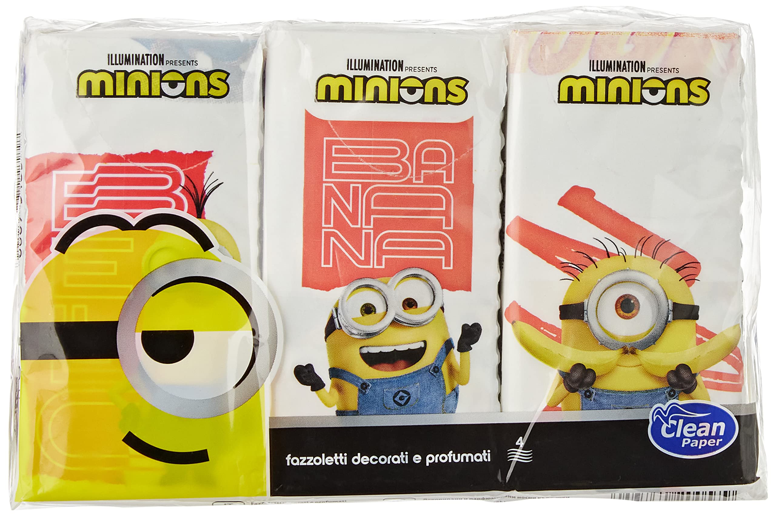 Clean Fazzoletti decorati Minions 9x6 - 4v, Pasta di cellulosa, FACIAL_TISSUE, Fazzoletti, Bianco, Scatola o Borsa