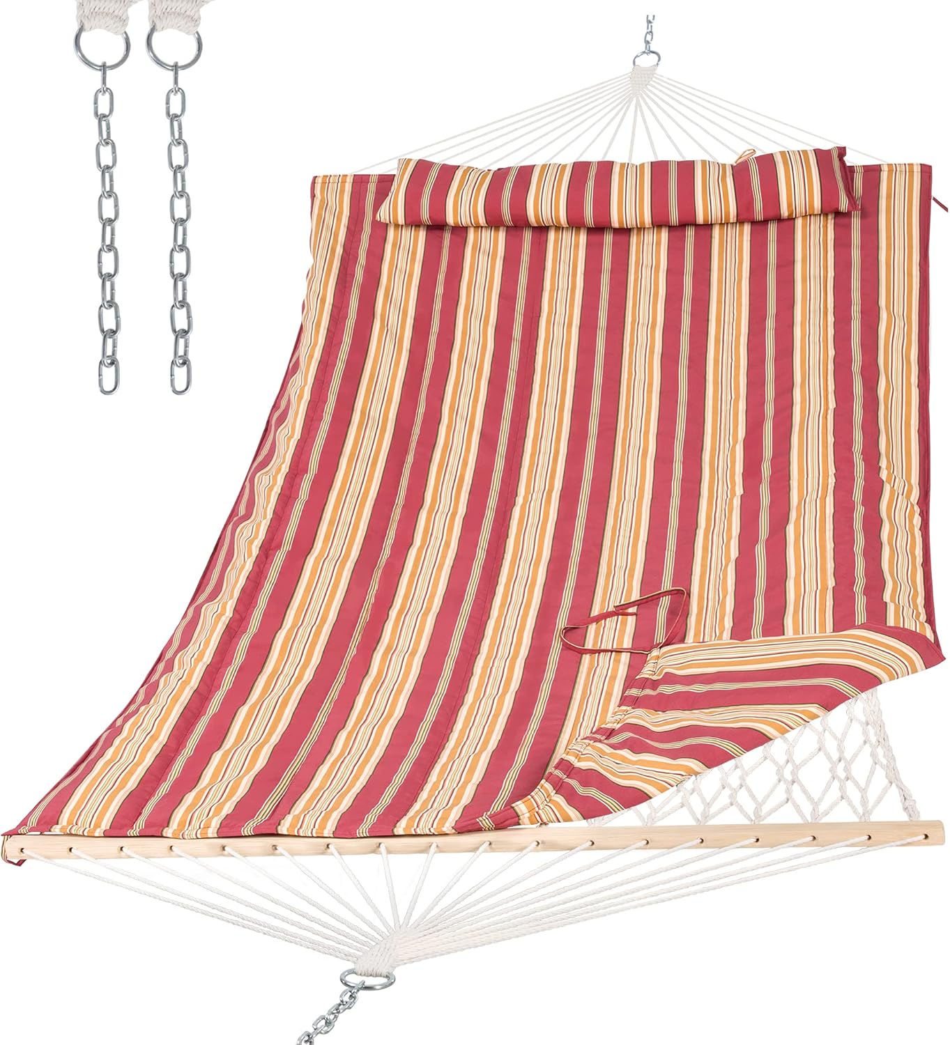 SUNCREAT 2 Person Hammock with Hardwood Spreader Bar, Outdoor Rope Hammock with Polyester Pad, 475 lbs Capacity, Blue Stripes : Patio, Lawn & Garden