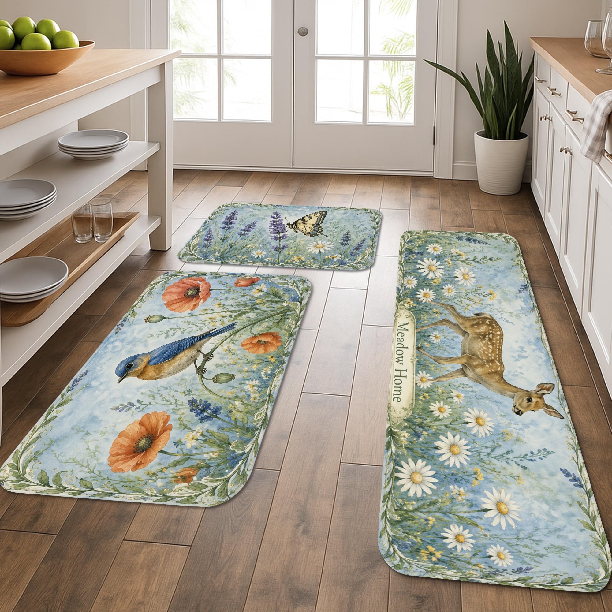 Lot de 3 tapis de cuisine fleuris, tapis de sol doux pour évier et buanderie