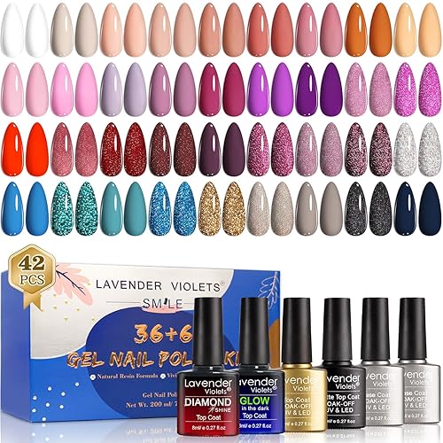 Miniatura 1 de Lavender Violets Juego de 42 esmaltes de uñas de gel con capa de 36 colores 6 botellas de capa superior capa superior brillante de diamante mate que