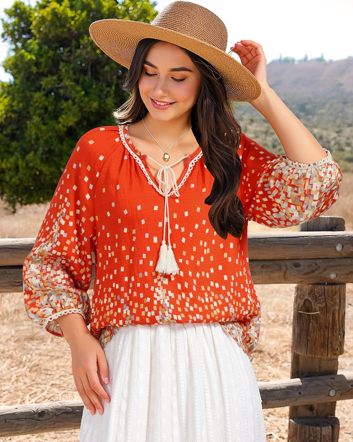 Vivilli Womens Boho Tops Casual V Neck 3/4 Sleeve Blouses Floral Print Shirt Tie Front Flowy Vacation Clothes - Image 5