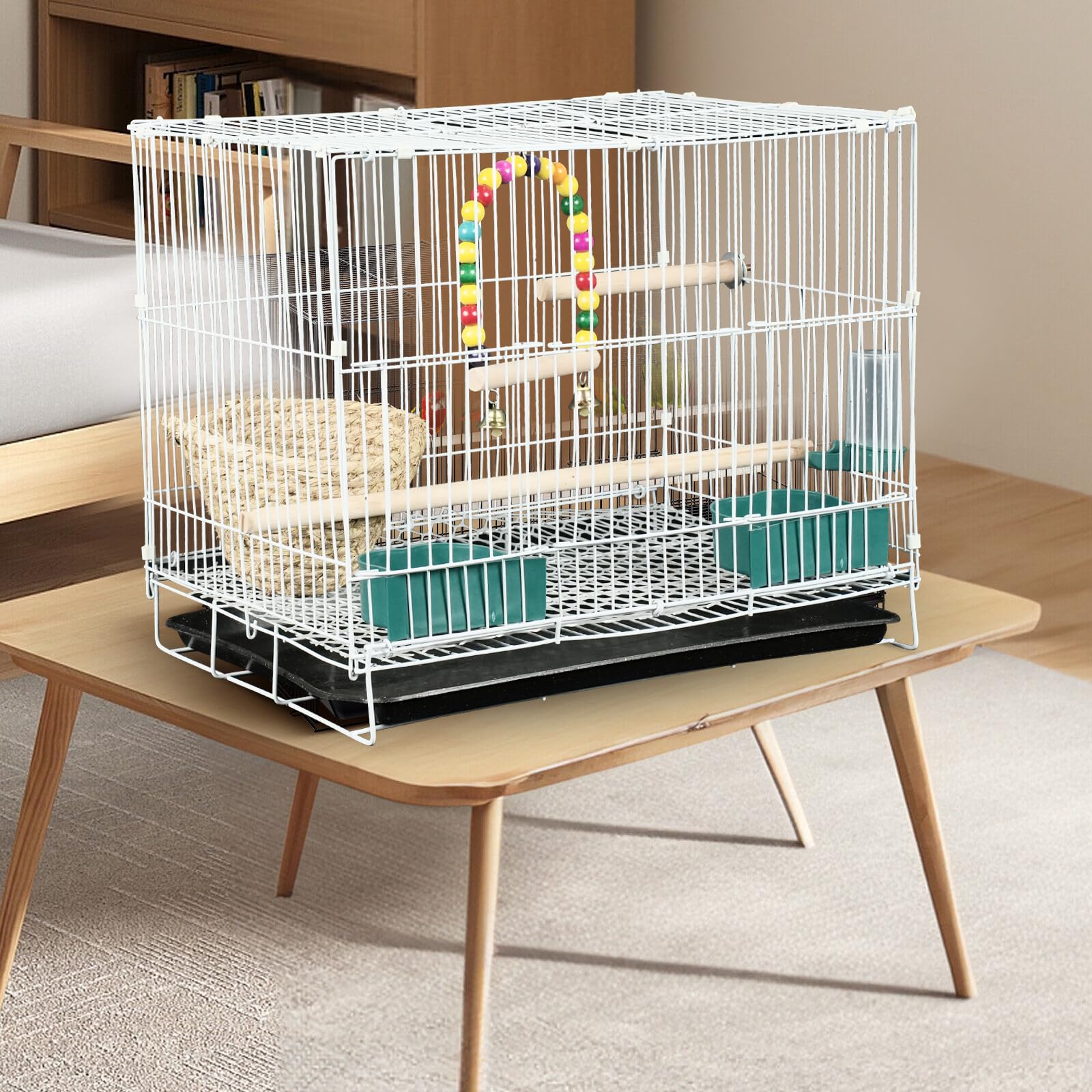 Cage à oiseaux pour calopsittes, perruches, inséparables, canaris, en métal blanc avec support, balançoire et gamelles, petite cage à oiseaux portable