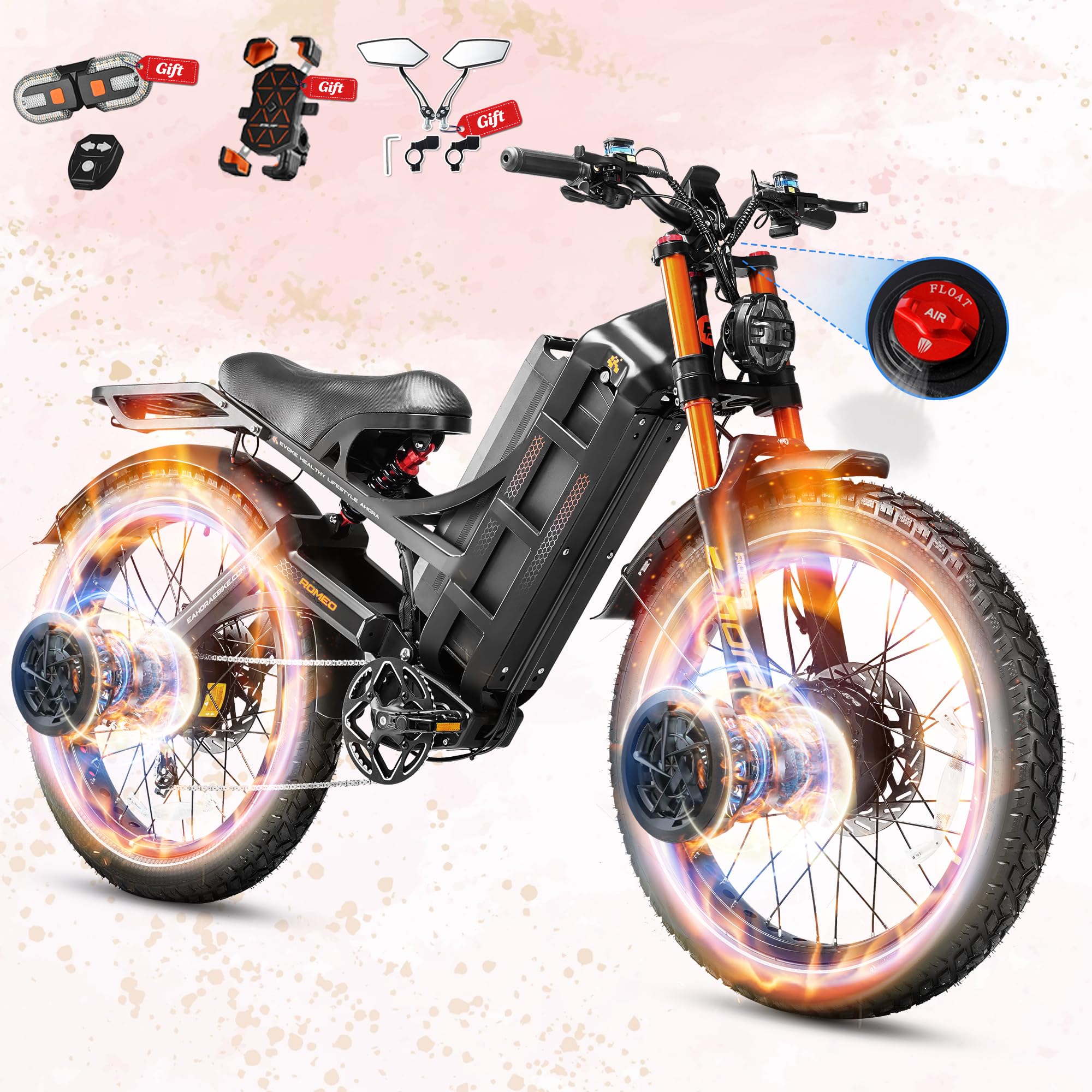 eAhora 2026 Romeo Pro 3/2 52-46Mph Electric Bike for Adults 6000W/4000W/2500W Dual Motor Ebike 60V/80Ah 52V/70Ah Long Range Fat Tire Full Suspension Electric Mountain Bicycle