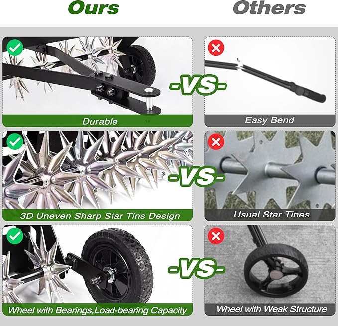 This aerator comes with an extra-wide tow bar that attaches easily to a tractor, making it convenient to use for large areas of land. The sturdy construction and design of this spike aerator ensure long-lasting performance and durability, saving time and effort in maintaining a healthy lawn or farm. The black color gives it a sleek and professional look, while the efficient soil penetration spikes make it an essential tool for any landscaper or farmer looking to improve soil health.