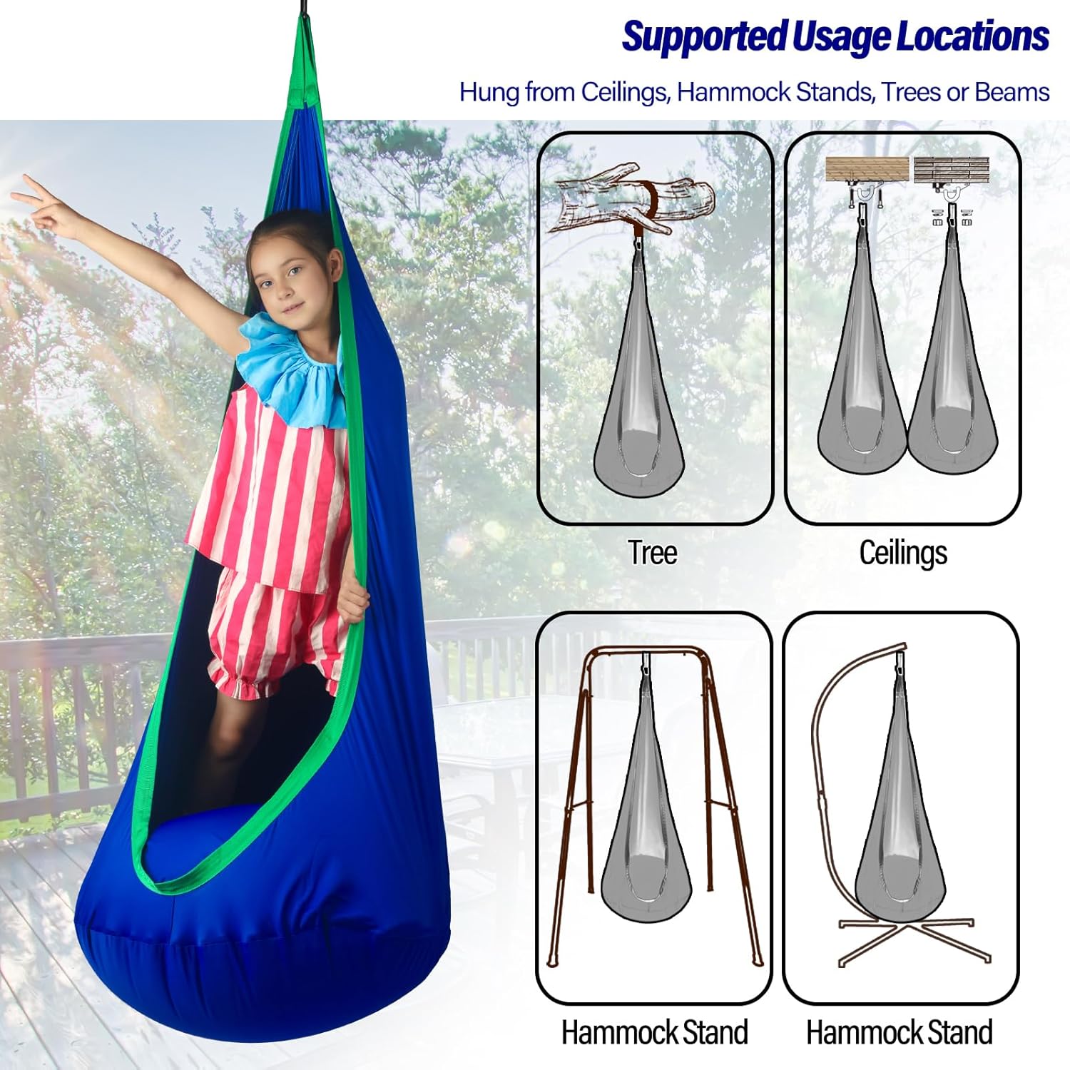 Kids Pod Swing Seat, Max 300 Lbs, Child Sensory Swing Chair Indoor & Outdoor Therapy Hammock Chair with Hanger Kit for Calming, Effect for Autism, ADHD or SPD. (Blue) - Image 6