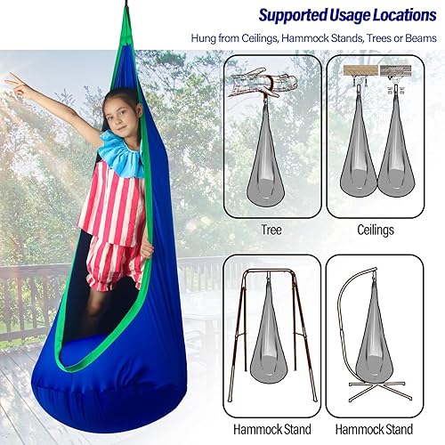 Miniatura 6 de Asiento columpio para niños, máximo 300 libras, silla giratoria sensorial para niños para interiores y exteriores, silla hamaca con kit de colgador