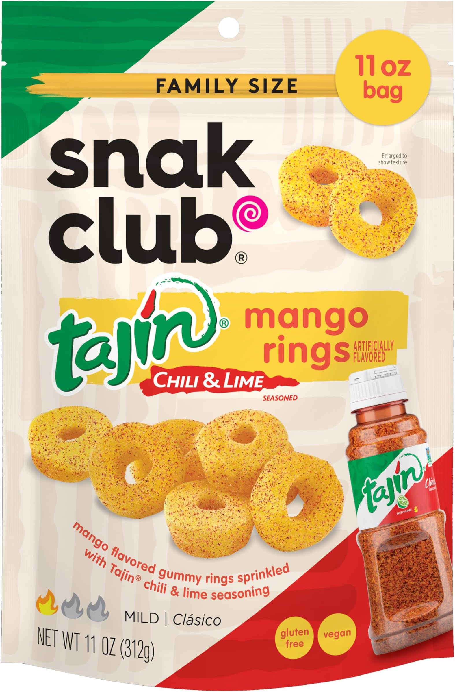 Snak Club Tajin Mango Rings Gummy Candy, Fruit Candy Gummies with Chili and Lime Seasoning, Mild, Gluten-Free and Vegan Snacks, 11 oz Resealable Bag