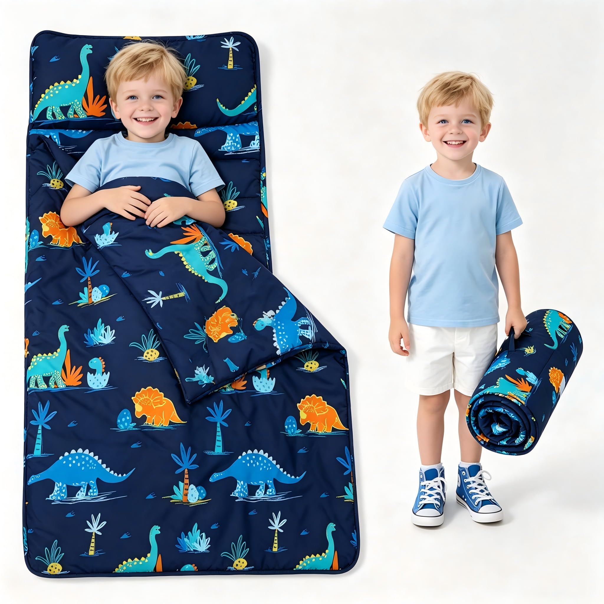 david's kids toddler nap mat set with removable pillow, ultra soft slumber bags for boys, perfect for preschool, daycare, kids sleeping bags with rollup design, 50"x20", dinosaur