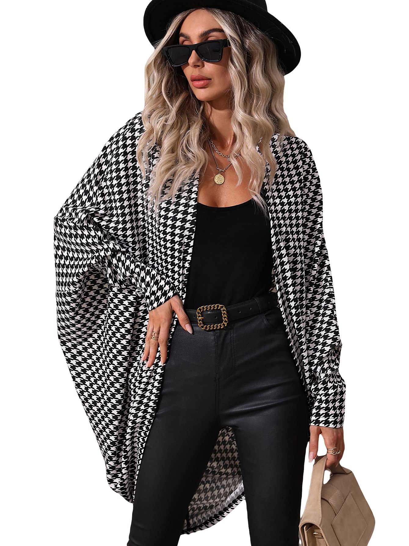 MilumiaWomen's Houndstooth Print Open Front Batwing Long Sleeve Cardigan Coat Outerwear