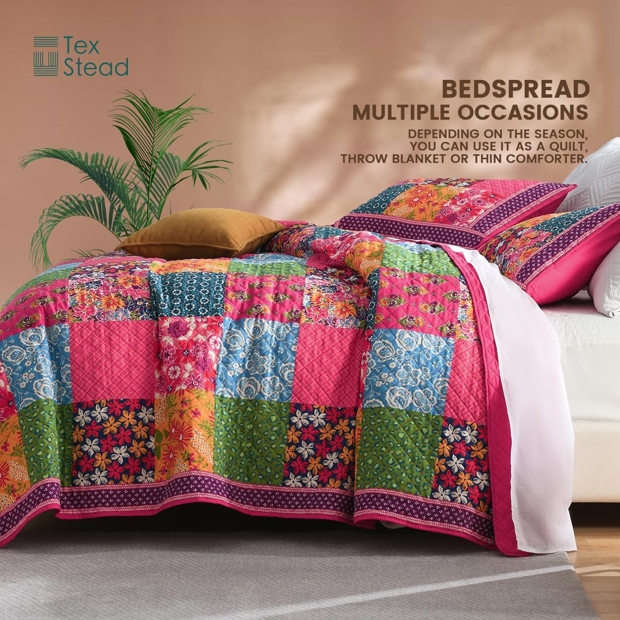 Queen Quilt Set for Bed - 100% Cotton Quilts Patchwork Comforter Coverlet Bedspread Reversible 90"x90" with 2 Pillow Shams - Image 2